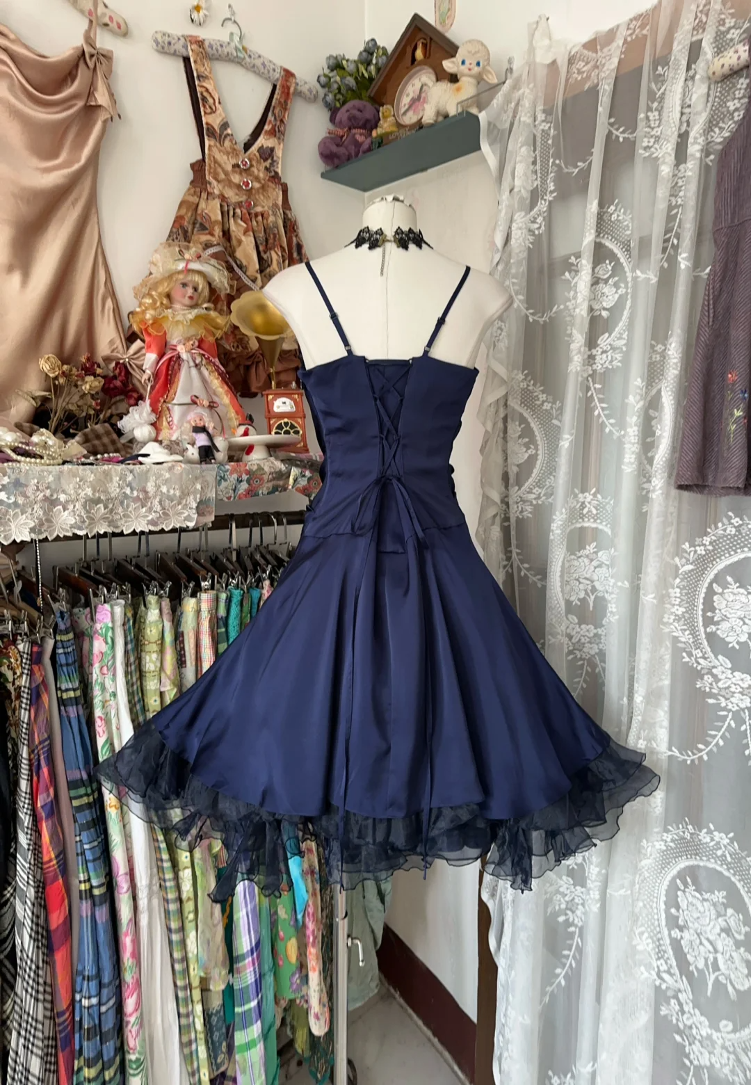 Navy Blue Straps A-Line Satin Vintage Short Party Dress Homecoming Dress, D340