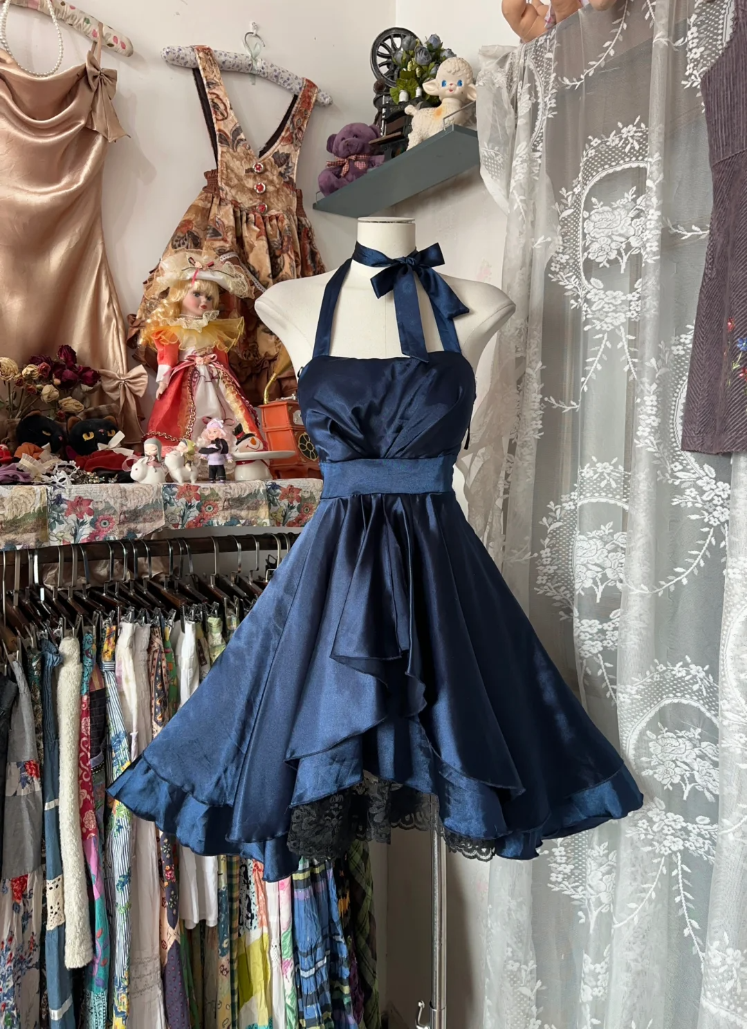 Navy Blue Halter A-Line Satin Vintage Short Party Dress Homecoming Dress, D341