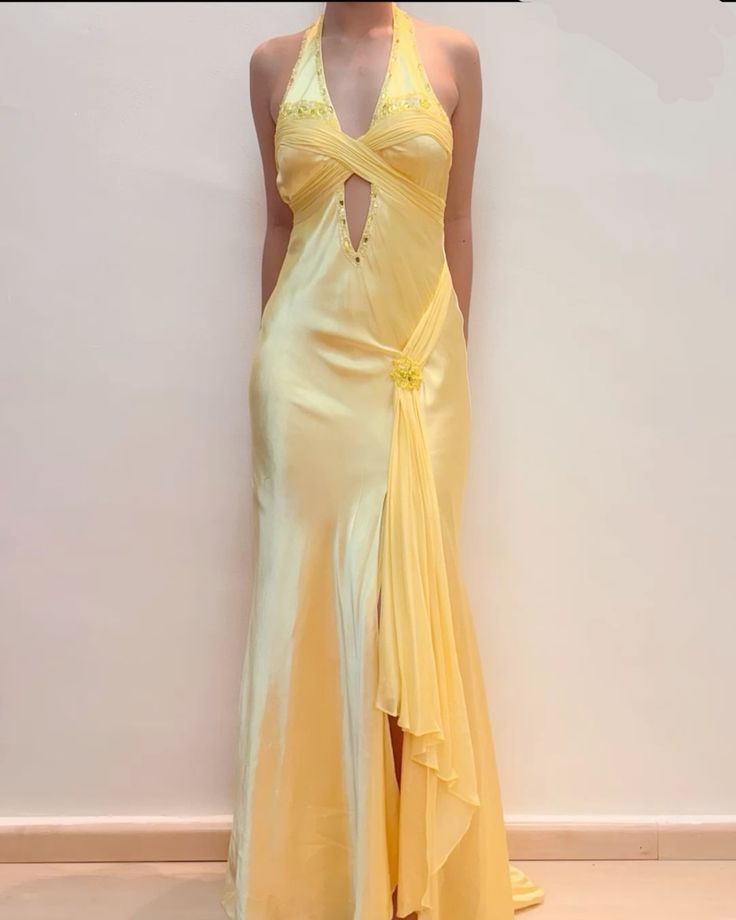 Yellow Halter Sheath Beading Satin Long Party Dress Wedding Guest Dress, D375