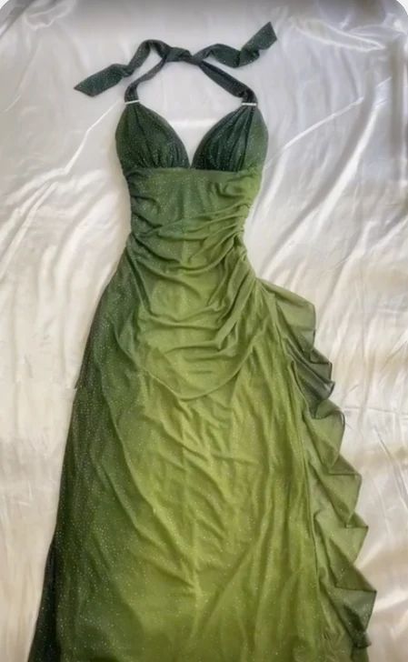 Green Halter Ombre Ruffles Chiffon Long Party Dress Vintage Evening Gown, D382