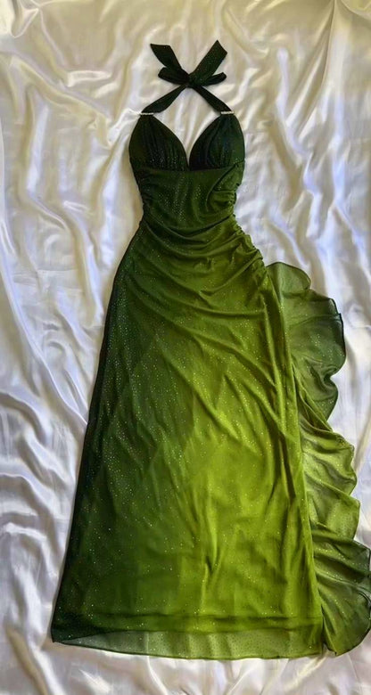 Green Halter Ombre Ruffles Chiffon Long Party Dress Vintage Evening Gown, D382