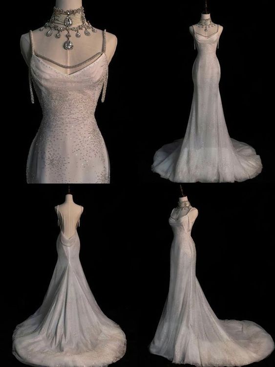 Stunning White Backless Mermaid Shiny Long Party Gown Wedding Dress, D444