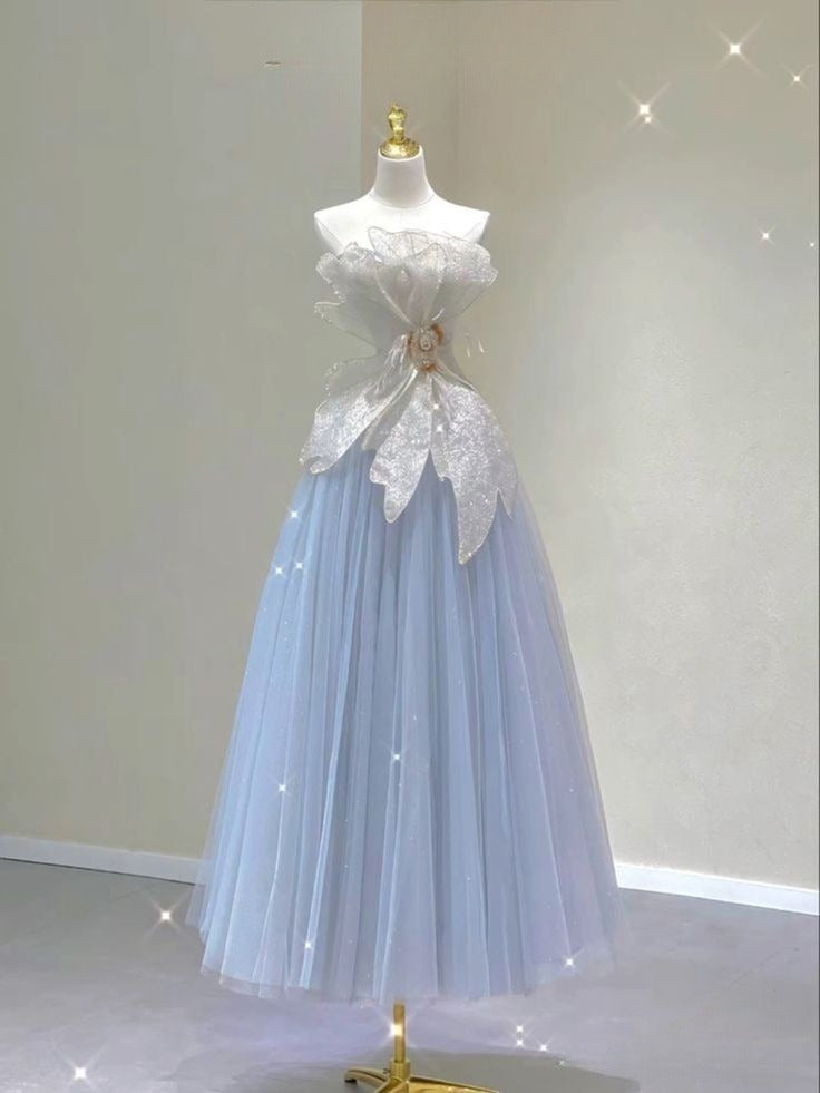 Blue A-Line Strapless Tulle Long Party Dress Formal Evening Gown, D453