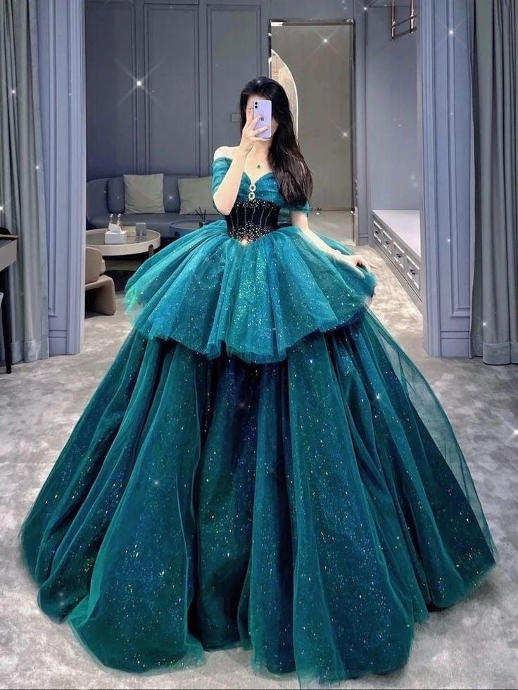 Green Off Shoulder A-Line Shiny Tulle Long Prom Dress Formal Ball Gown, D455