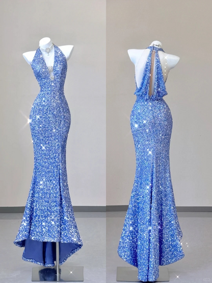 Blue Halter Sequins Mermaid Shiny Long Party Dress Evening Gown Birthday Dress, D473