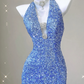 Blue Halter Sequins Mermaid Shiny Long Party Dress Evening Gown Birthday Dress, D473