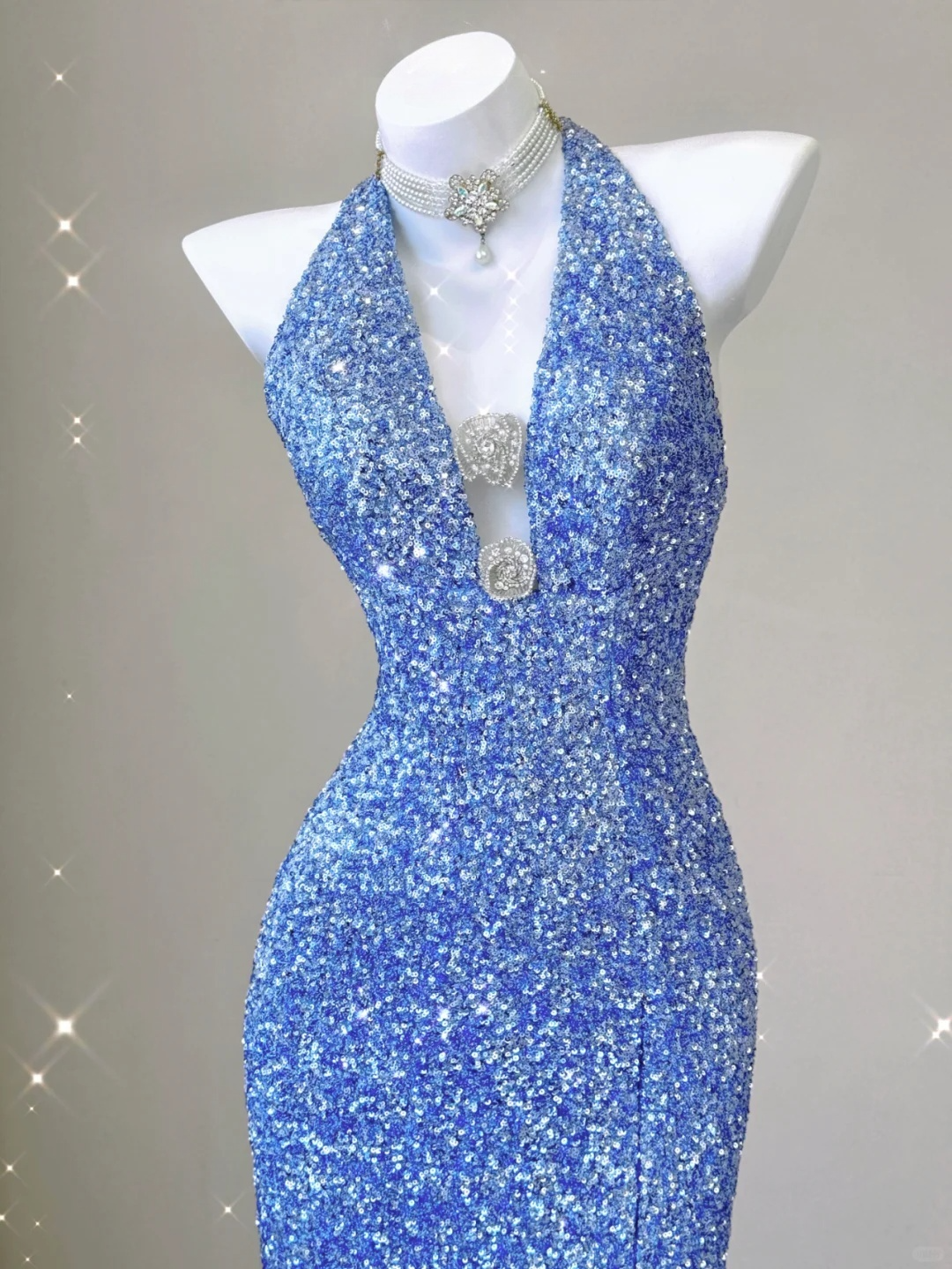 Blue Halter Sequins Mermaid Shiny Long Party Dress Evening Gown Birthday Dress, D473