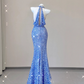 Blue Halter Sequins Mermaid Shiny Long Party Dress Evening Gown Birthday Dress, D473