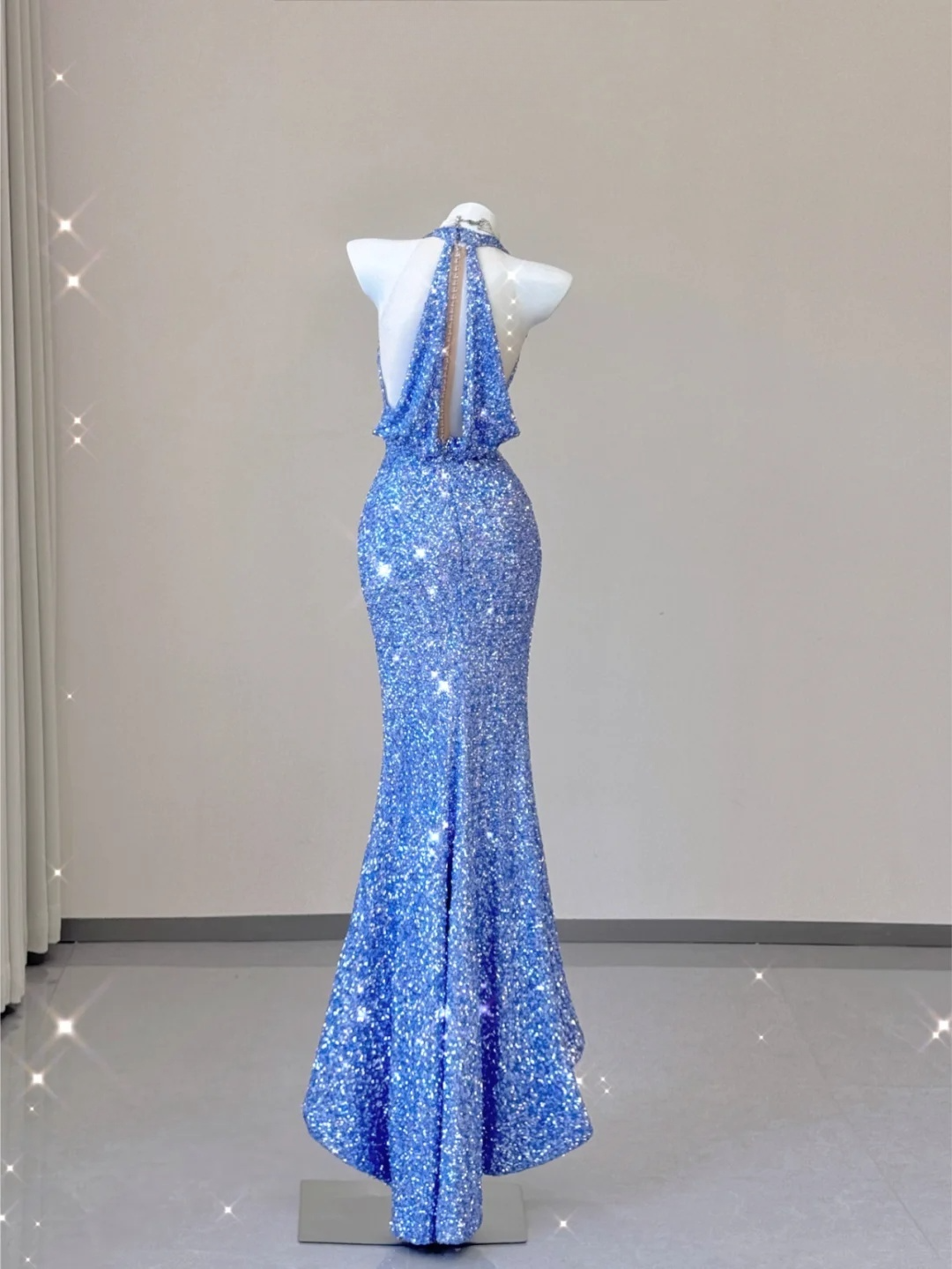 Blue Halter Sequins Mermaid Shiny Long Party Dress Evening Gown Birthday Dress, D473