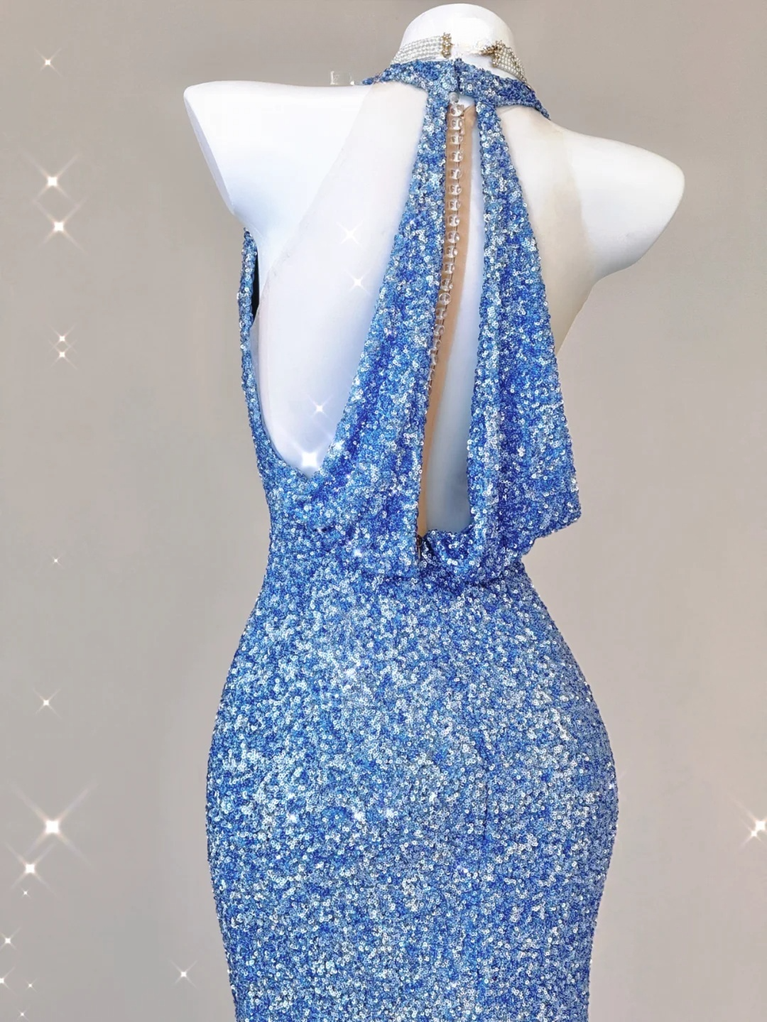 Blue Halter Sequins Mermaid Shiny Long Party Dress Evening Gown Birthday Dress, D473