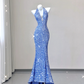 Blue Halter Sequins Mermaid Shiny Long Party Dress Evening Gown Birthday Dress, D473