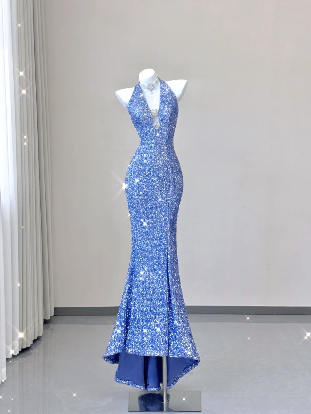 Blue Halter Sequins Mermaid Shiny Long Party Dress Evening Gown Birthday Dress, D473