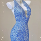 Blue Halter Sequins Mermaid Shiny Long Party Dress Evening Gown Birthday Dress, D473