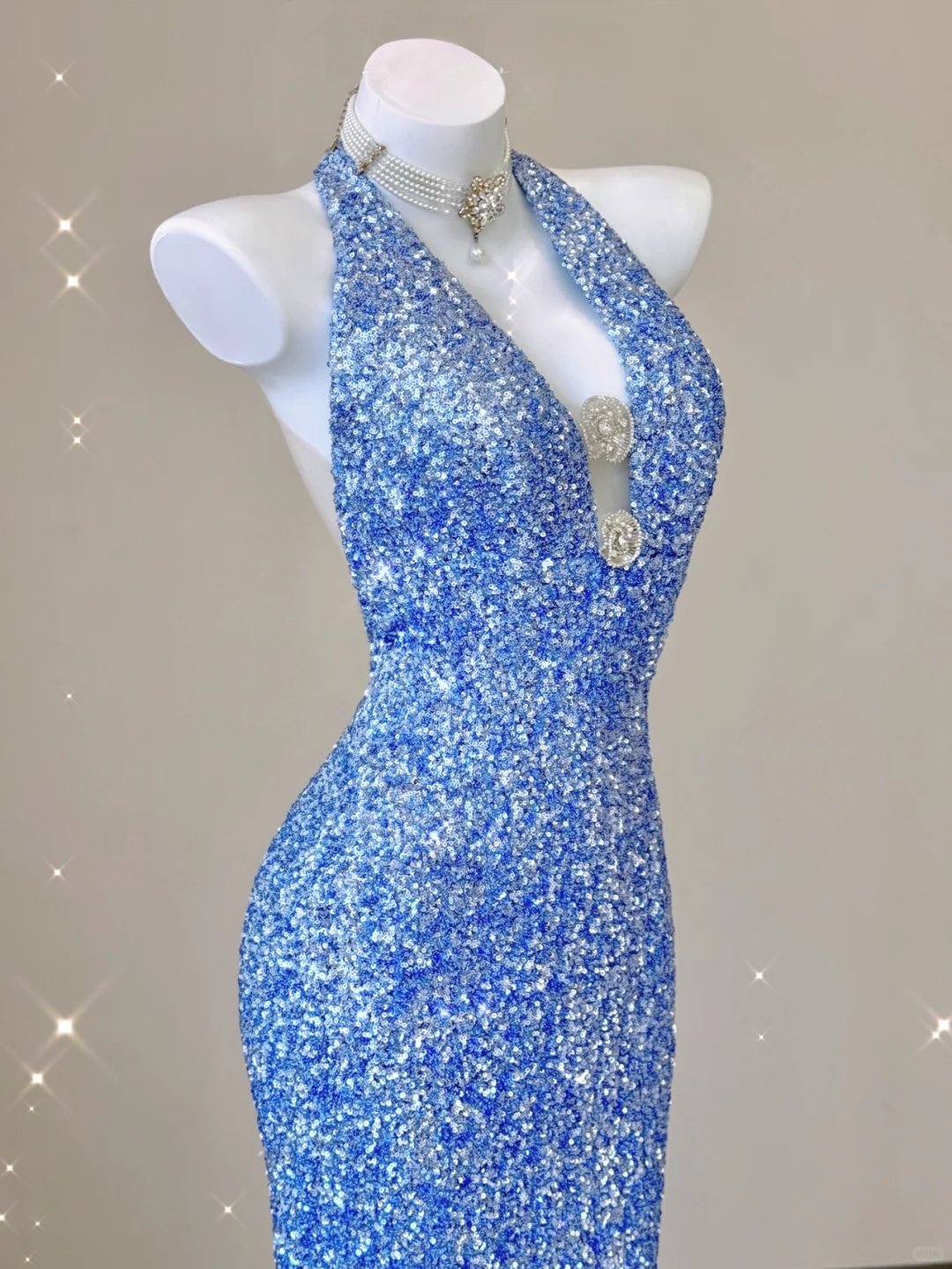 Blue Halter Sequins Mermaid Shiny Long Party Dress Evening Gown Birthday Dress, D473