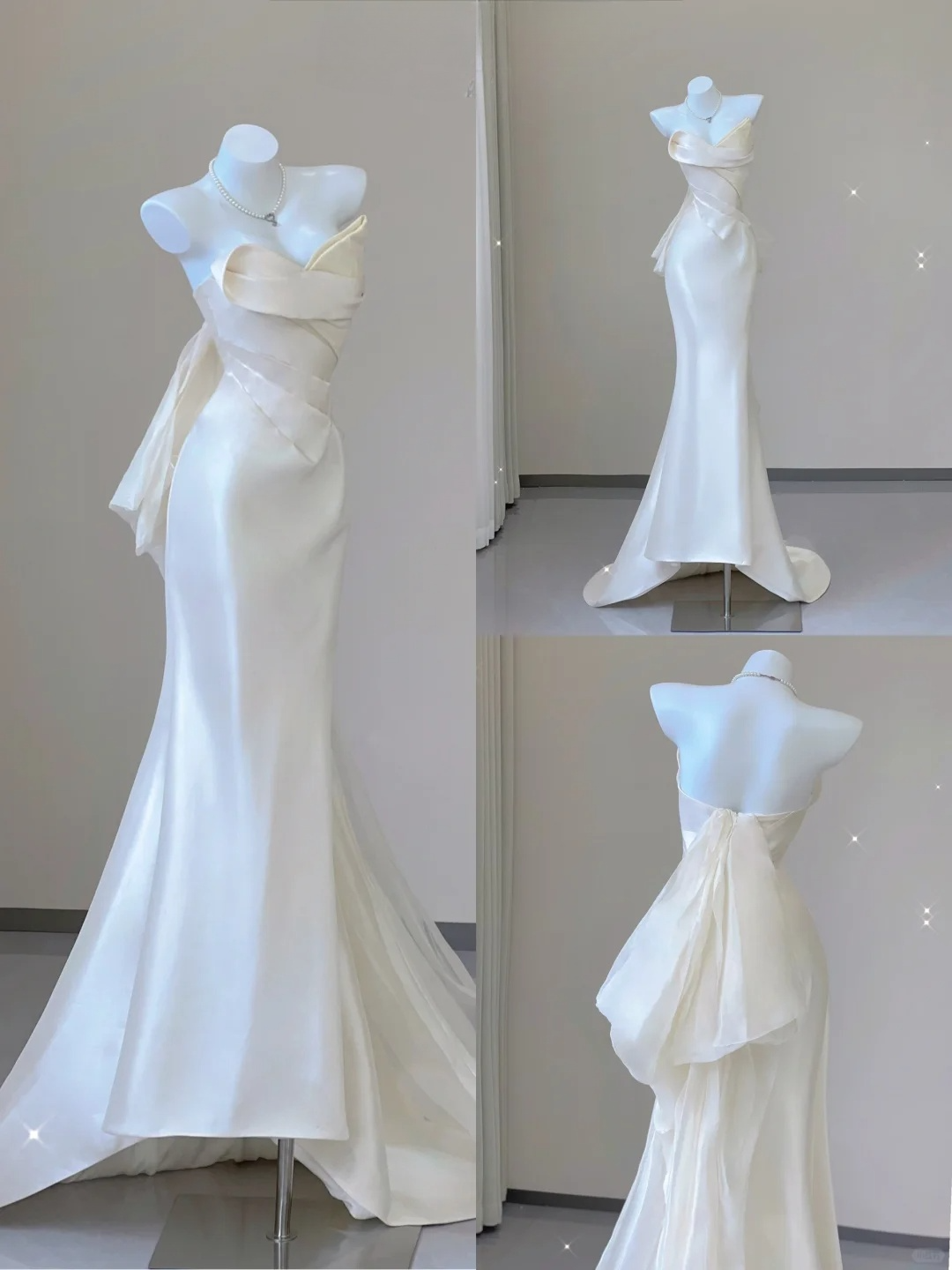 Elegant White Strapless Mermaid Satin Long Party Dress Light Wedding Dress, D477