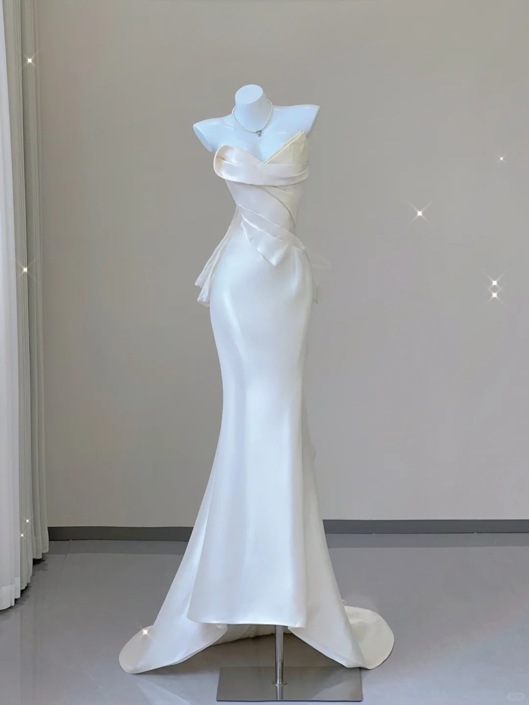 Elegant White Strapless Mermaid Satin Long Party Dress Light Wedding Dress, D477