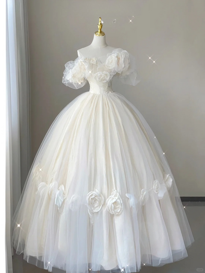 Retro White Off Shoulder A-Line Tulle Satin Birthday Dress Wedding Dress, D479