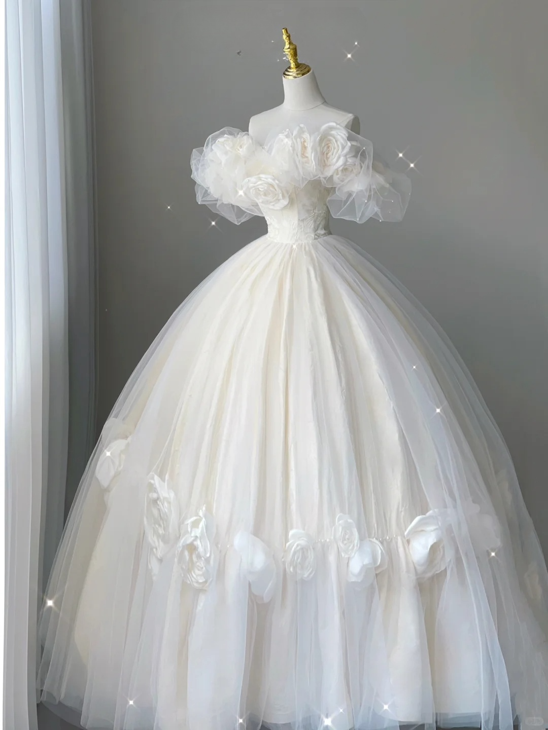 Retro White Off Shoulder A-Line Tulle Satin Birthday Dress Wedding Dress, D479