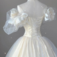 Retro White Off Shoulder A-Line Tulle Satin Birthday Dress Wedding Dress, D479