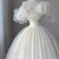 Retro White Off Shoulder A-Line Tulle Satin Birthday Dress Wedding Dress, D479