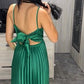 Green Halter A-Line Satin Pleated Long Party Dress Wedding Guest Dress, D482