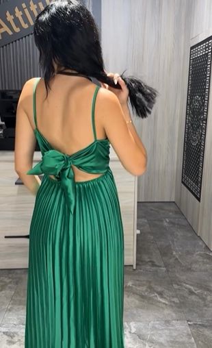 Green Halter A-Line Satin Pleated Long Party Dress Wedding Guest Dress, D482