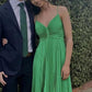 Green Halter A-Line Satin Pleated Long Party Dress Wedding Guest Dress, D482