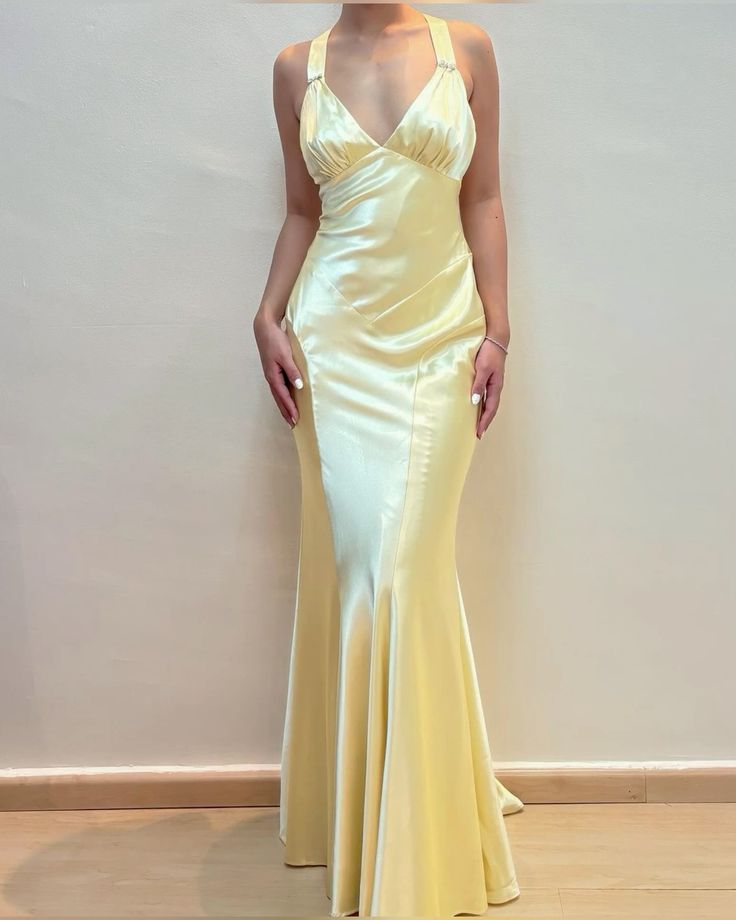 Light Yellow V Neck Mermaid Satin Long Party Dress Vintage Evening Dress, D495