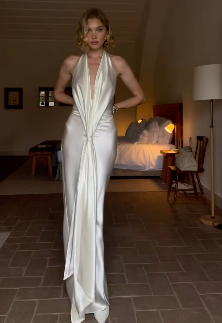 Elegant Ivory Halter Neck Mermaid Satin Long Party Dress Evening Gown, D506