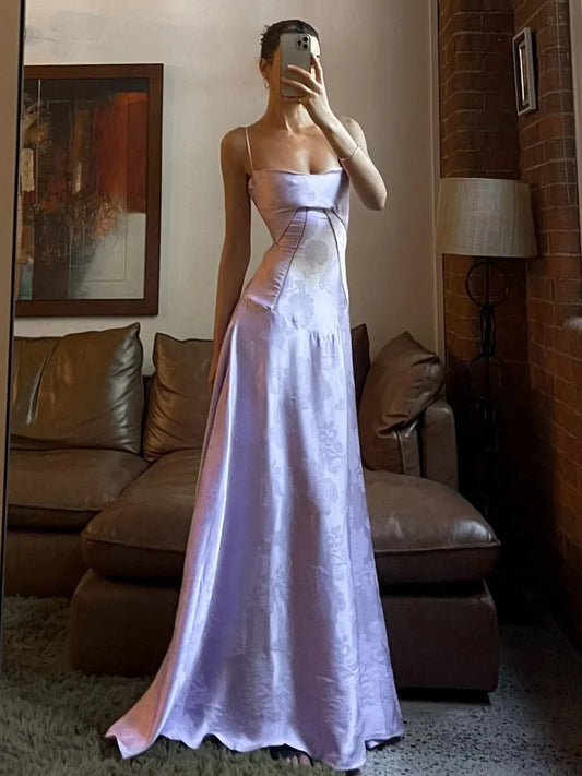 Lilac Spaghetti Straps A-Line Long Party Dress Wedding Guest Dress Birthday Outfits, D526