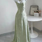 Green Straps A-Line Long Party Dress Wedding Guest Dress Birthday Outfits, D527