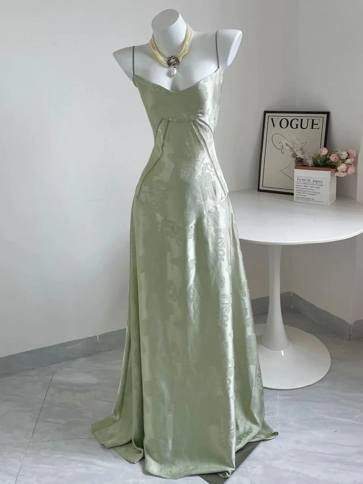 Green Straps A-Line Long Party Dress Wedding Guest Dress Birthday Outfits, D527