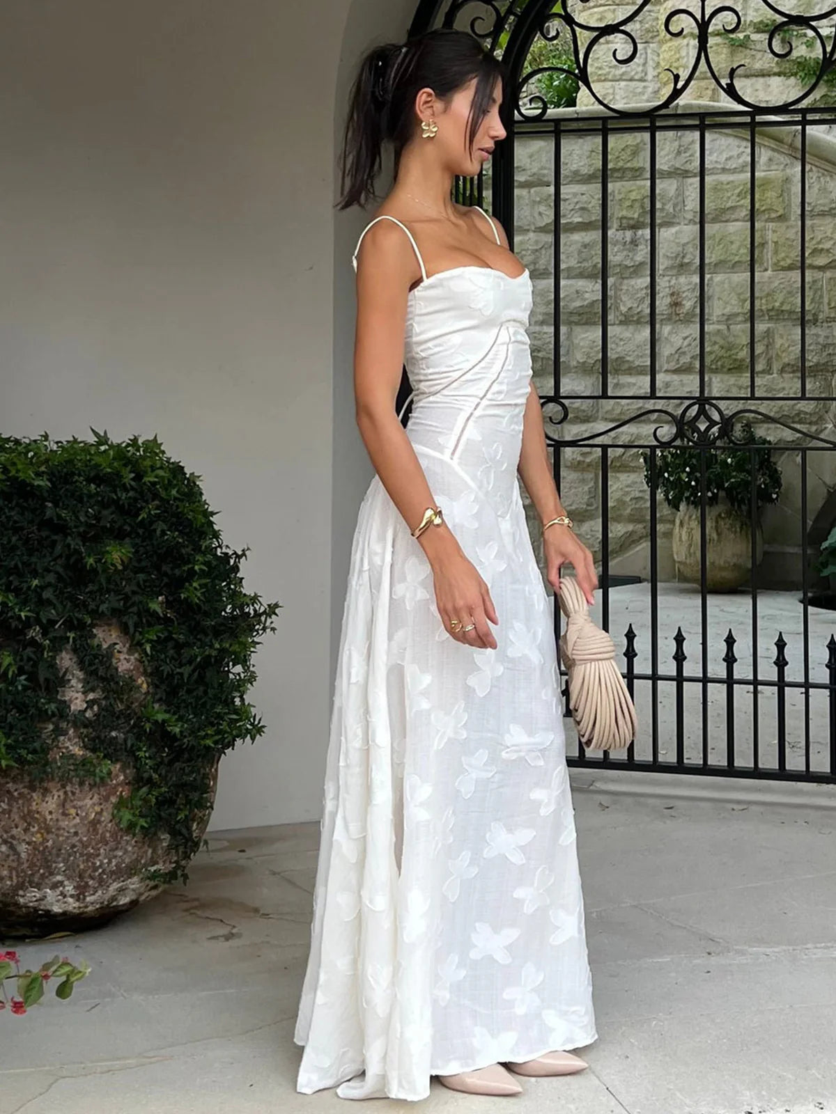 White Straps A-Line Long Party Dress Wedding Guest Dress Birthday Outfits, D528