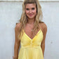 Yellow V Neck Straps A-Line Pleated Long Party Dress Wedding Guest Dress, D530