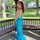 Blue V Neck Sequins Mermaid Long Prom Dress Formal Party Dress, D536