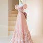 Pink Short Sleeves A-Line Sequins Birthday Dress Formal Prom Dress Evening Gown, D553