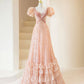 Pink Short Sleeves A-Line Sequins Birthday Dress Formal Prom Dress Evening Gown, D553