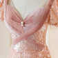 Pink Short Sleeves A-Line Sequins Birthday Dress Formal Prom Dress Evening Gown, D553