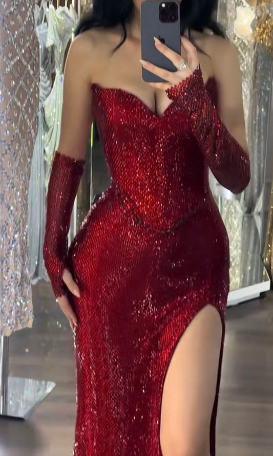 Charming Red Strapless Mermaid Split Sexy Long Evening Party Dress, D591