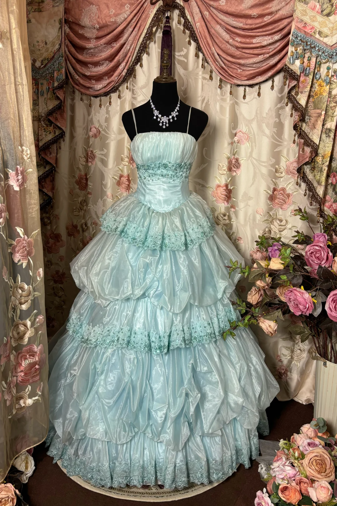 Light Blue Straps A-Line Organza Lace Fairy Long Party Dress Birthday Ball Gown, D634