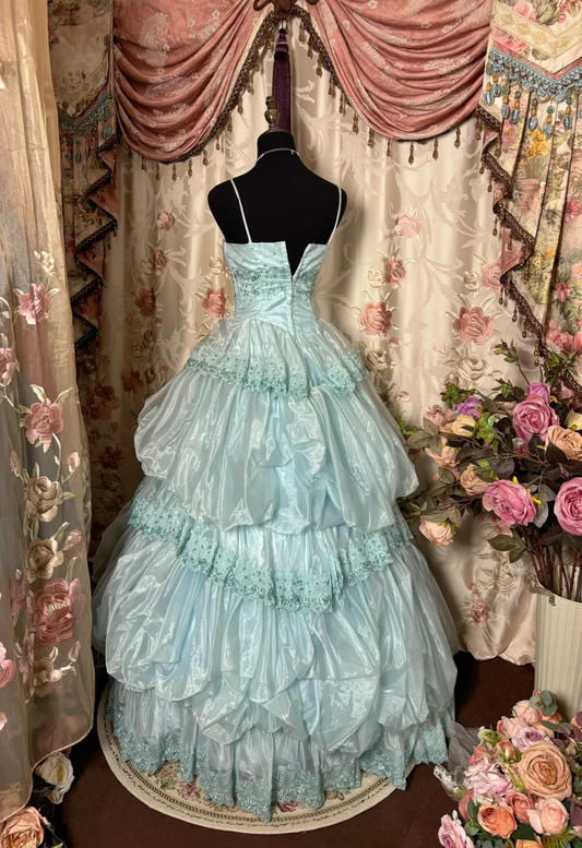 Light Blue Straps A-Line Organza Lace Fairy Long Party Dress Birthday Ball Gown, D634