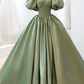 Light Green Puffy Sleeves A-Line Satin Long Formal Party Dress Birthday Gown, D635