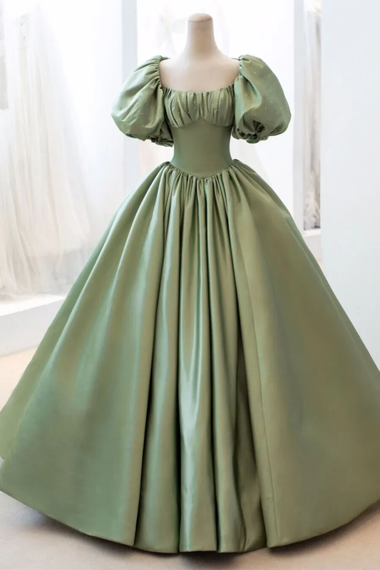 Light Green Puffy Sleeves A-Line Satin Long Formal Party Dress Birthday Gown, D635