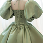 Light Green Puffy Sleeves A-Line Satin Long Formal Party Dress Birthday Gown, D635