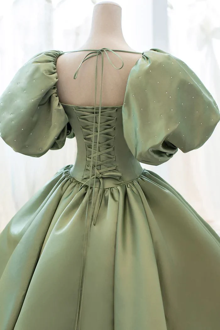 Light Green Puffy Sleeves A-Line Satin Long Formal Party Dress Birthday Gown, D635