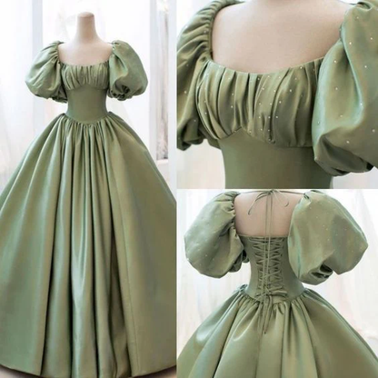 Light Green Puffy Sleeves A-Line Satin Long Formal Party Dress Birthday Gown, D635