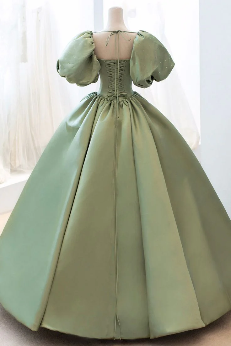 Light Green Puffy Sleeves A-Line Satin Long Formal Party Dress Birthday Gown, D635