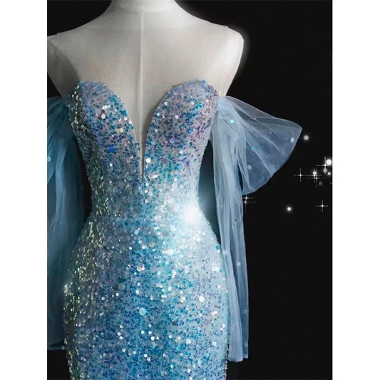 Gorgeous Blue Mermaid Sequins Long Formal Prom Dress Evening Party Dress, D643