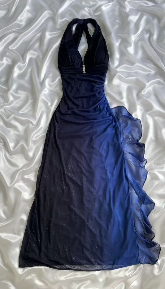 Navy Blue V Neck Ombre Sheath Chiffon Vintage Long Evening Party Dress, D648