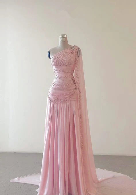 Pink One Shoulder A-Line Beading Chiffon Long Party Dress Formal Prom Dress, D649